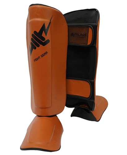 Muay Thai Shin Guards - Leather Leg Instep Protection Pads - Martial Art Kicking Sparring Training Gear for BJJ Karate, Boxing, Taekwondo, Kickboxing/MMA Training (Pair) - color: Brown, size: Large