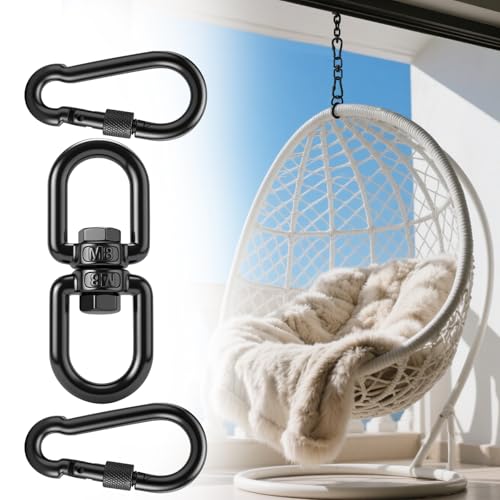 Swing Swivel, Heavy Duty 304-Stainless Steel Swivel Ring, Double Ended Eye Hook with Snap Hooks, Rotating Carabiner Swing Spinner Hanger for Web Tree (Black, M8 x 1Pack) - color: Black