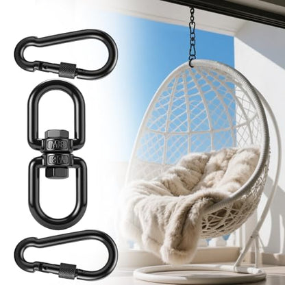 Swing Swivel, Heavy Duty 304-Stainless Steel Swivel Ring, Double Ended Eye Hook with Snap Hooks, Rotating Carabiner Swing Spinner Hanger for Web Tree (Black, M8 x 1Pack) - color: Black