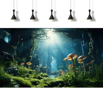 Jungle Rainforest Fish Tank Background Tropical Underwater Cave Aquarium Background Mushrooms Lush Green Moss Terrarium Backgrounds Lake Stream Rock Reptile Tank Backgrounds Wallpaper Poster 72x18in - size: 72(W)x18(H)inches/ 180(W)*45cm(H)