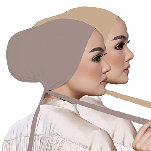 Women Under Scarf Hat Hijab Undercap Islamic Muslim Under Scarf Hijab Cap with Tie-Back Closure - color: Light Khaki+beige