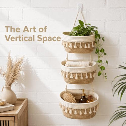 Hanging Basket, Over Door Organizer, 3 -Tier Wall Basket with Hooks | Woven Cotton Basket, Adjustable Hanging Baskets for Organizing, No Drilling for Farmhouse, Boho Home and Nursery Decor - style: Tassel