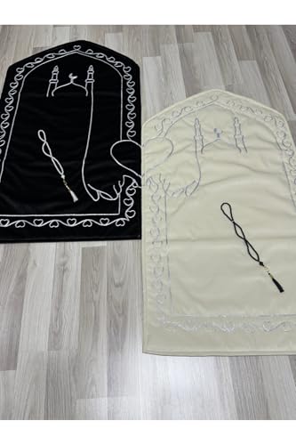 Couple's Prayer Rug Set with Heartbeat Pattern - Includes 2 Seccades and 2 Prayer Beads - appropriate for Wedding Trousseau, Engagement Gifts, and Home Decor - Black & Cream Colors - *Black*Cream, 28x