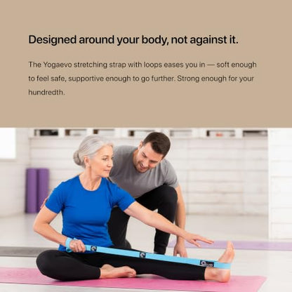 YogaEVO Stretching Strap with Loops for Physical Therapy — Yoga Strap & Resistance Band in One — Flexibility & Back Recovery — HD Video Routines Included - color: Blue