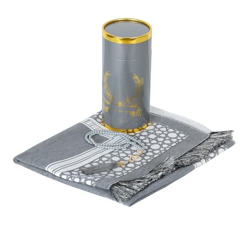 Muslim Prayer Rug and Beads with Elegant Cylinder Gift Box - Portable Chenille Sajjadah for Men Women Kids - Soft Islamic Carpet Mat for Ramadan Eid, Grey - color: Grey