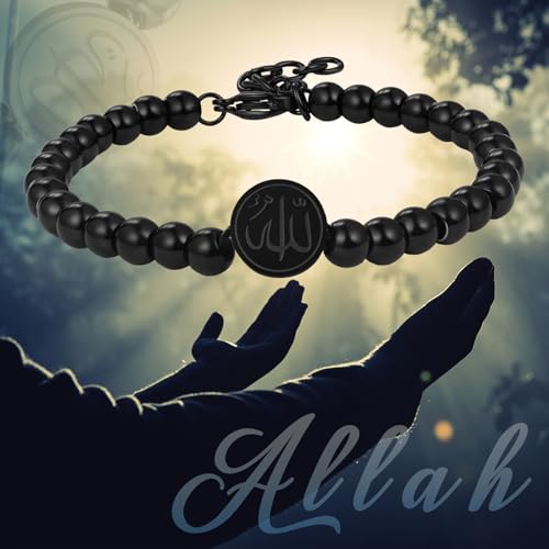Aroncent Allah Stainless Steel Bracelet: Black Beaded Chain Islamic Jewelry - Ramadan Eid Gift for Men and Women - color: black