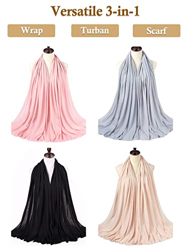 Nonbongoy Head Wraps for Black Women 71"x32" Long Soft Jersey Hijab Turban - color: 4-black&light Grey&pink&apricot
