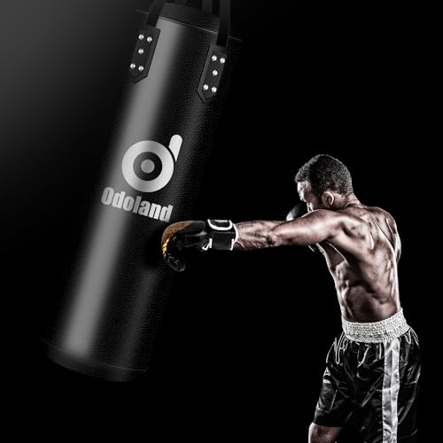 Odoland Punching Bag Set for Adults, 4FT PU Heavy Boxing Bag Set with 12OZ Boxing Gloves, Hand Wraps, Hanging Chains for MMA Karate Kickboxing Home Gym Training as Boys Gifts - Unfilled