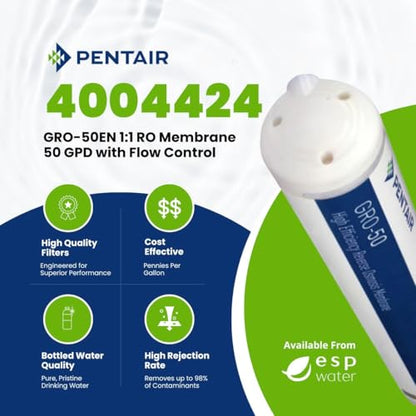 Pentair GRO-50EN RO Membrane Replacement Filter, 50 GPD | 1:1 RO Membrane Replacement Filter 50 GPD High Efficiency w/ Flow Control, Check Valve, Quick Connect Fittings 4004424 - size: 50 GPD w/ Flow Control