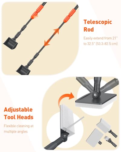Pawfly Aquarium Cleaning Tools, 7 in 1 Fish Tank Cleaning Kit, Algae Scraper, Sponge Scrubber Pad, Brush, Gravel Rake & Fish Net with Adjustable Long Handle, Tank Cleaner Set
