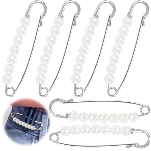 Joez Wonderful 6 Pcs Safety Pins for Clothes, Pearl Brooches Shawl Clips for Women, Pants Extender Waist Tightener, Decorative Safety Pins for Shirt Hijab Hat Sweater Cardigan Bag