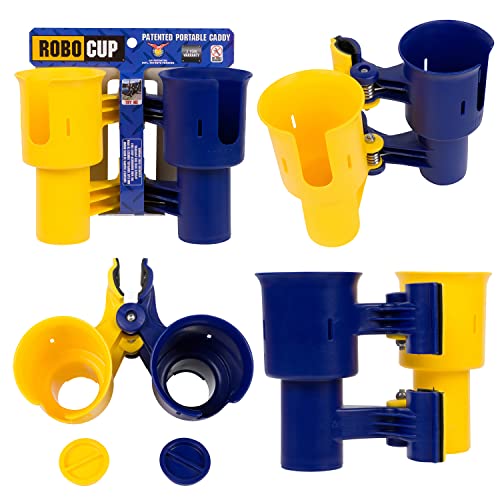 (Yellow & Navy), Patented Clamp On Boat Cup Holder |Multifunction Dual Drink Caddy for Fishing Poles, Tools, Net, Gaff |Portable Storage for Boating, Beach, Umbrellas, Golf Carts, Strollers - color: Navy & Yellow, size: Standard Spring