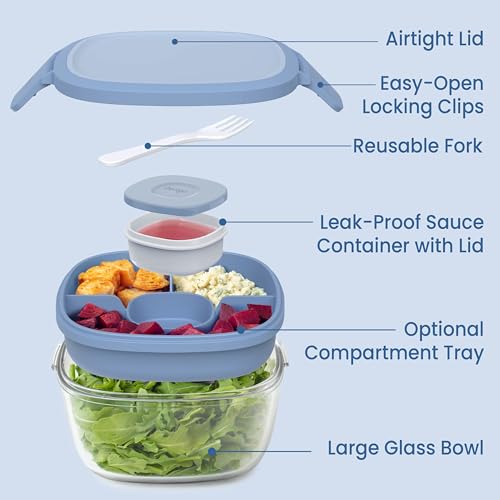 Bentgo Glass Salad Container - 7.6-Cup Salad Bowl with Airtight Lid, Leak-Proof Sauce Container, 4-Compartment Bento Tray & Reusable Fork - BPA-Free for Meal Prep, Office & More (Light Blue) - color: Light Blue
