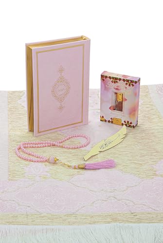 ihvan online Prayer Gift Set for Men & Women, Muslim Prayer Rug, Salah Mat, Beads Taasbih, Arabic Holy Quran, Islamic Gift Set for Ramadan & Eid, Pink - color: Pink