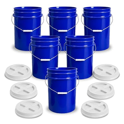 5 Gallon Bucket - Food Grade w/Lid BPA-Free, Blue/White, 6 | Airtight Gamma Seal Screw-On Lid, Heavy-Duty 90 Mil HDPE Plastic, Food Safe and Durable Container, Bulk Storage, Made in USA - color: Blue/White, size: 6 Packs
