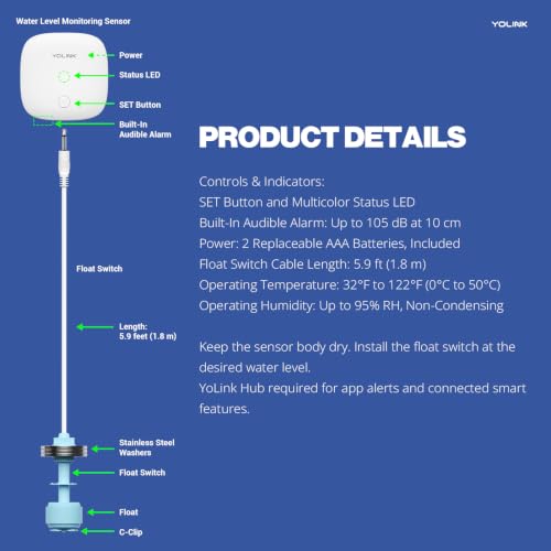 YoLink LoRa Water Level Monitoring Sensor Starter Kit: 1 YoLink Hub & Wireless Battery-Powered Float Switch Alarm, Sump Pump Alarm, AC Condensate Overflow, Tank Level, Toilet Leak Sensor, 105dB Siren