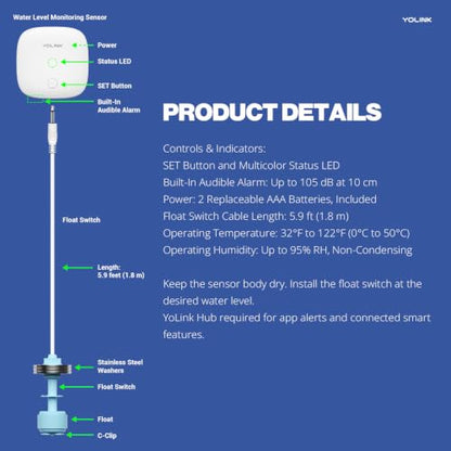 YoLink LoRa Water Level Monitoring Sensor Starter Kit: 1 YoLink Hub & Wireless Battery-Powered Float Switch Alarm, Sump Pump Alarm, AC Condensate Overflow, Tank Level, Toilet Leak Sensor, 105dB Siren