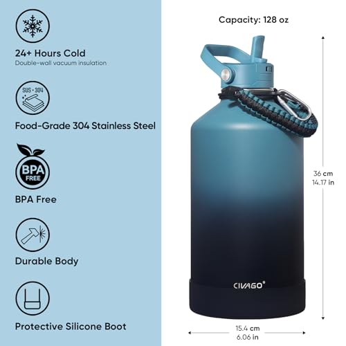 CIVAGO Gallon Insulated Stainless Steel Water Bottle with Detachable Straw, 128 oz Large Water Jug with Bucket Handle, Big Metal Leakproof Flask with Silicone Boot, Dishwasher Safe, Indigo Black - color: .Indigo Black, size: 128 Ounces