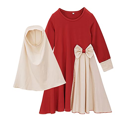 Baby Girls Muslim Clothes Prayer Dress with Hijab Islamic Ramadan Dubai Kaftan Toddler Kids Long Sleeve Bowknot Arabic Abaya - color: Red, size: 6-12 Months