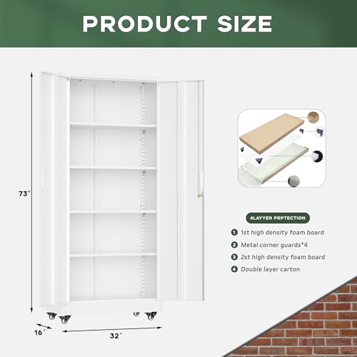 Greenvelly 73" Metal Storage Cabinet with Wheel, Lockable White Metal Garage Cabinets with 2 Doors and 4 Adjustable Shelves, Rolling Steel Tool Cabinet for Garage, Home Office, School - color: White, style: 73"H-Wheels