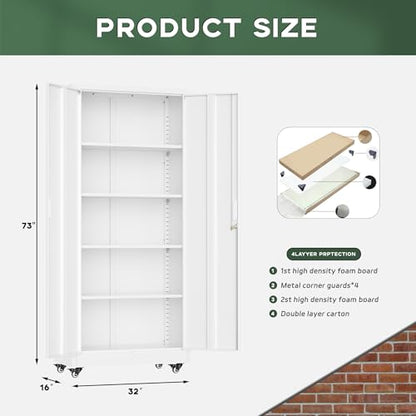 Greenvelly 73" Metal Storage Cabinet with Wheel, Lockable White Metal Garage Cabinets with 2 Doors and 4 Adjustable Shelves, Rolling Steel Tool Cabinet for Garage, Home Office, School - color: White, style: 73"H-Wheels