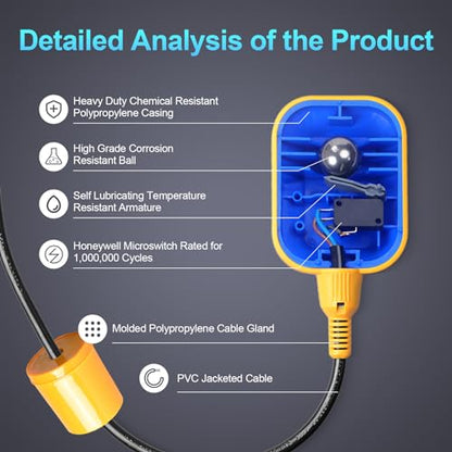 (With Counterweight) Sump Pump Universal Tethered Float Switch AC 15A 110~250V Piggyback Style Plug with 10 Feet Cord, Used in Sewage Pump, Water Tank, Septic Tank Pump, etc. | 15A 110 250V Piggyback Style Plug, with 10 Feet Cord, Used in Sewage Pump, Wat