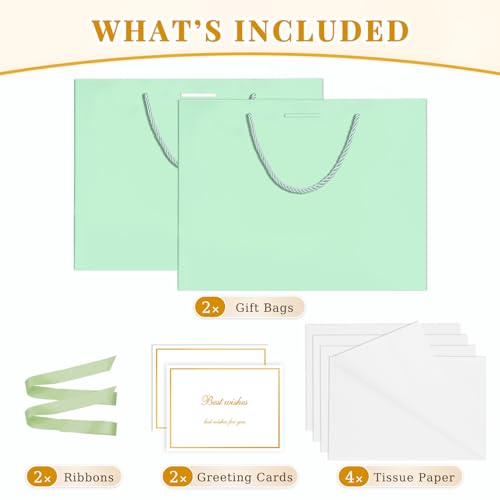 ANZNKU 2PCS Green Gift Bags with Handles, Cute Medium Gift Bags with 4 Tissue Paper 2 Ribbons 2 Cards for Wedding Bridal & Baby Shower Graduation Birthday Engagement Party Favors Present Wrapping - color: Mint Green