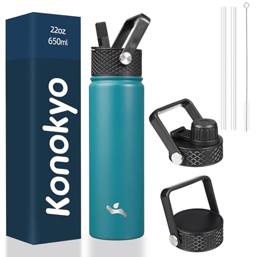 Konokyo 22oz Stainless Steel Bottles with 3 Lids Sport Insulated Water Bottle,Light Blue - color: Light Blue, size: 22 Ounces