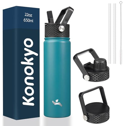 Konokyo 22oz Stainless Steel Bottles with 3 Lids Sport Insulated Water Bottle,Light Blue - color: Light Blue, size: 22 Ounces