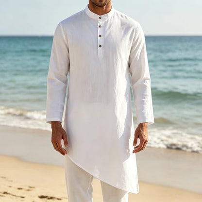 Mens Kaftan Thobe Robe Cotton Linen Long Sleeve Henley Shirt Casual Asymmetric Hem Muslim Kurta Gown Tops - color: White, size: XX-Large