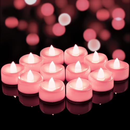 merrynights LED Candles, 24 Pack Tea Lights Candle Battery Operated, Flameless Tealight Votives, Realistic Tea Lights for Wedding Home Party Decor -D 1.5" x H 1.25" -Pink Light - color: Pink Light, size: 24-Pack