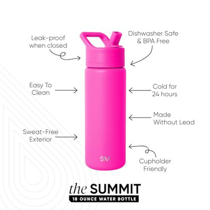 Simple Modern Insulated Water Bottle with Straw | 18oz | Pink | Summit Stainless Steel Water Bottles, Metal Cup | Leak Proof for School, Gym, Travel, Sports | Raspberry Vibes - color: -Raspberry Vibes, style: 18oz