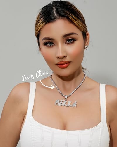 Lulu Mel Iced Out Personalized Cursive Name Necklace For Trendy Women, Custom Handmade Nameplate Pendant With Cuban Link Chain, White Gold Plated Hip Hop CZ Diamond Jewelry Gifts - color: Silver