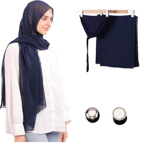 Jonglroy Muslim Chiffon Hijab magnets Head Scarf with Matching Tie Back Jersey Undercap - color: Navy Blue