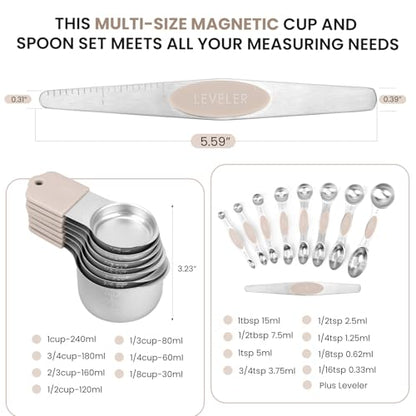 Magnetic Measuring Cups and Spoons Set-Heavy Duty 304 Stainless Steel | Double Measurement Markings,BPA-Free,Set of 16 with Leveler for Measuring Dry and Liquid Ingredients(Khaki) - color: Khaki