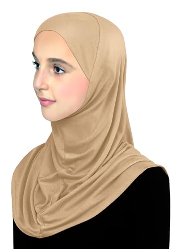 Cotton Hijab for Girls Amira Muslim Kids Head Scarf Ready to Wear Easy Instant - color: Medium - Beige, size: Large