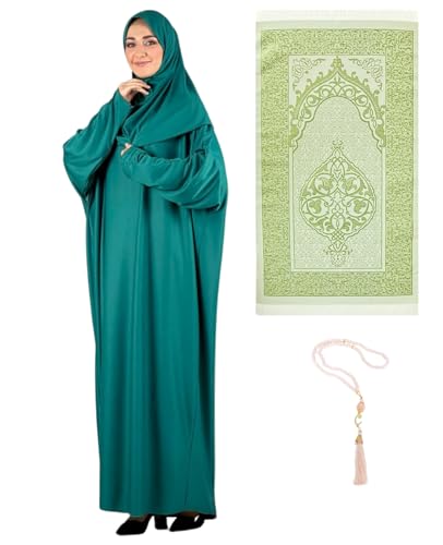 Prien Women Prayer Dress With Hijab Rug Tasbih Muslim Set Islamic Clothes Abaya Jilbab Dubai Kaftan For Eid Ramadan - color: Green