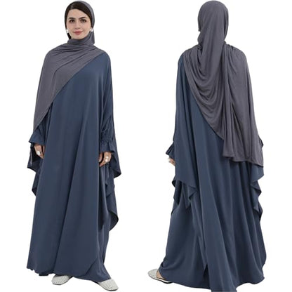 2PCS Women's Muslim Abaya Dress Lace Cuffs Islamic Dubai Prayer Robe Smooth Flowy Muslim Women Clothes - color: Dark Gray, size: Large