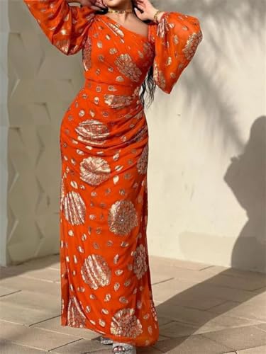 Women Floral Gold Stamping Chiffon Dress Turkish Dubai Party Evening Dress Puff Sleeve Long Gown - size: XX-Large