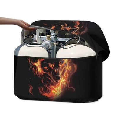 Fire Wolf Dual 20lb Propane Tank Cover with Zipper Dust-Proof Weather Resistant Gas Cylinder Cover Easy to Stall - color: Fire Wolf Print, size: S(20LB)