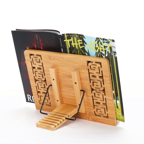 MEGREZ Book Stand for Reading (13.2 x 9.4 inch) Bamboo Cookbook Stand Holder for Kitchen, Adjustable Book Holder Stand for Tablet/Textbook Holder/Hollow Bookrest Stand, Bow - color: Bow