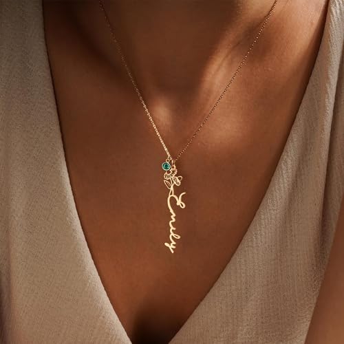 Elemtansy Custom Name Necklace with Birth Flower, Personalized Jewelry Necklaces for Women, 18K Gold Name Plate Necklaces Personalized Mothers Day Birthday Gifts for Women Sister Best Friend - color: 2-Name with Birth flower&Birthstone