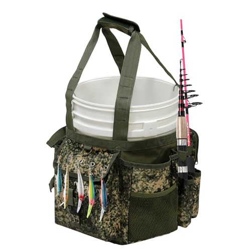 MYDAYS Fishing Bucket Organizer, Fishing Tackle Bag for Men, Rod and Tackle Boxes Holder Bag with Adjustable Buckle, Bucket Not Included (Green Camo)