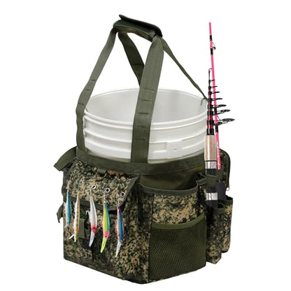 MYDAYS Fishing Bucket Organizer, Fishing Tackle Bag for Men, Rod and Tackle Boxes Holder Bag with Adjustable Buckle, Bucket Not Included (Green Camo)