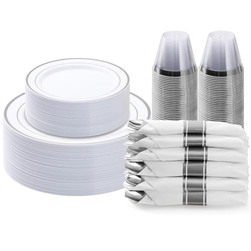 BESTVIP 175PCS Silver Plastic Dinnerware Set, Disposable Party Plates for 25 Guests, Include: 50 Plastic Plates, 25 Pre Rolled Napkins with Silver Silverware, 25 Cups for Christmas, Halloween - color: Silver, size: 25 Guests