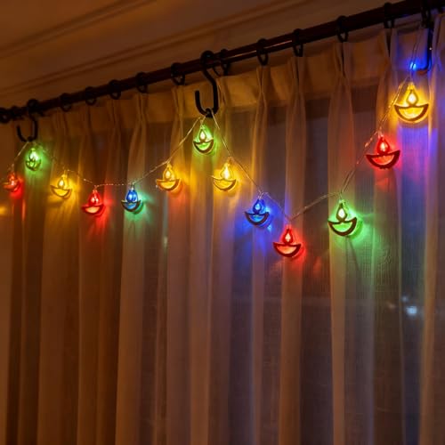 KYMY Diwali String Lights, 10ft 20 LED Battery Operated Deepavali Rangoli Curtain Colorful Lights, India Festival of Lights Lotus Diyas Party Decorations for Hindu Wedding, Wall, Window, Fence - color: G-Colorful
