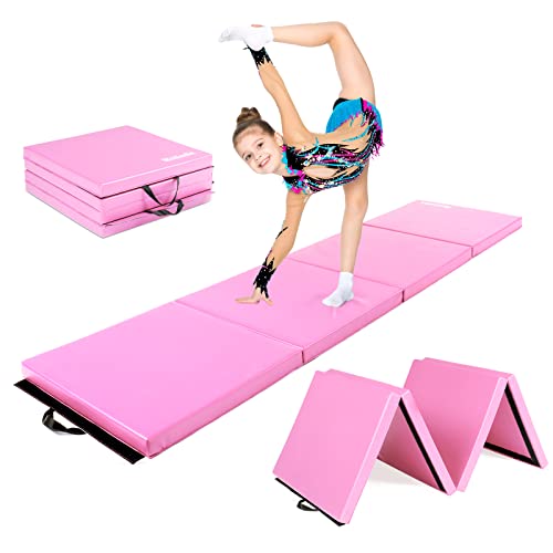 Matladin 8' Folding Gymnastics Gym Exercise Aerobics Mat, 8ft x 2ft x 2in PU Leather Tumbling Mats with Hook & Loop Fastener for Stretching Yoga Cheerleading Martial Arts - color: Pink