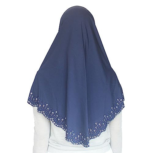 Instant Hijab Scarf for Women Muslim Women Clothing Headscarf for Girls with Czech Rhinestone - color: Navy Blue-wavy Edge