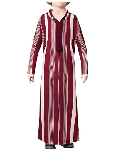 WSPLYSPJY Boys Muslim Thobe Striped Islamic Robe | Boys Muslim Thobe Striped Maxi Kaftans Kids Hooded Long Sleeve Arab Gown Islamic Robe - color: Wine Red, size: 11-12 Years