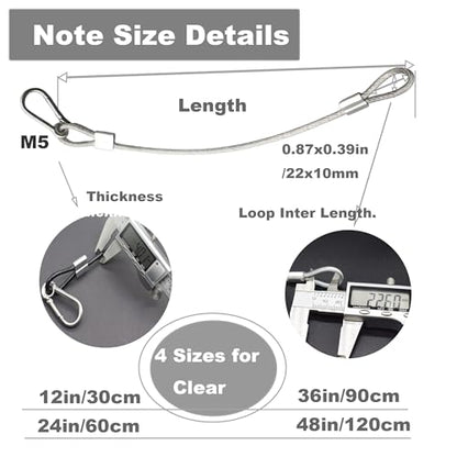 5 pcs 12 inch Vinyl Cover Coated Stainless Steel Wire Rope Lanyard Cable Tether Safety Strap with Hooks and 2 Loops (4mm Thickness), Clear - color: 5pcs_Clear, size: 12"/30cm